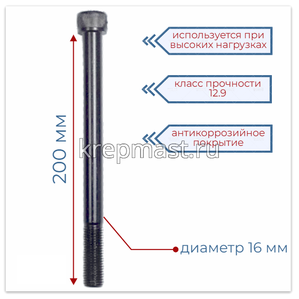 Винт с внутр.шестигранником 16 х200 черный кл.пр.12.9 н/р DIN 912